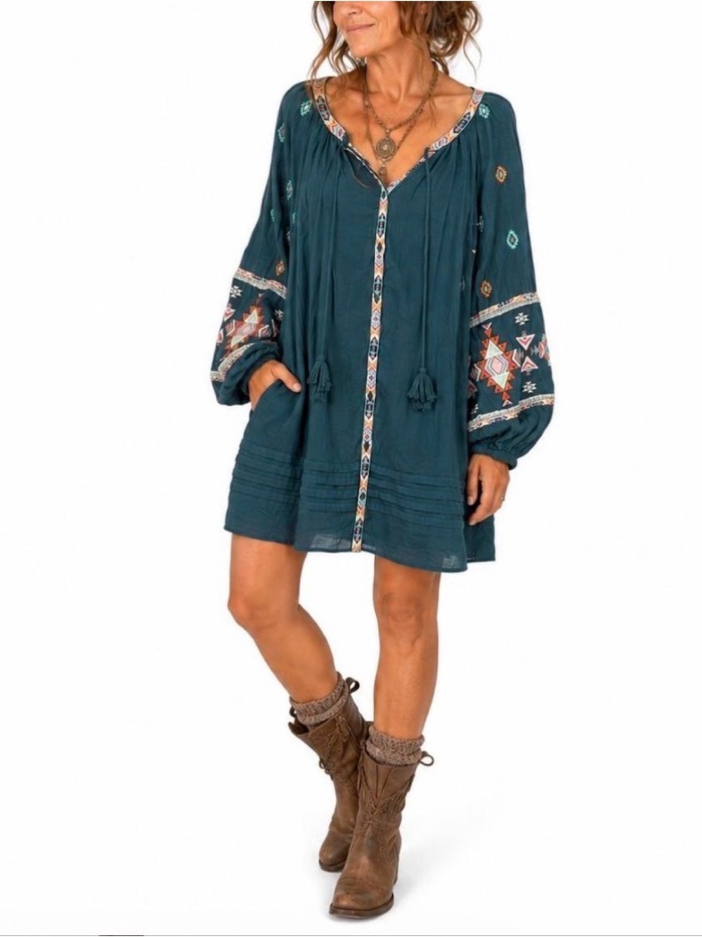 Sundance Teal Embroidered Boho Midi Dress